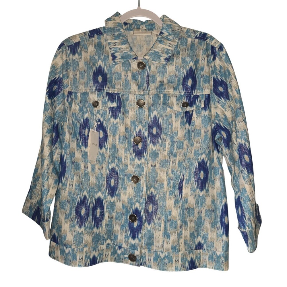 Chico's Linen Cotton Ikat Print Button Front Jacket Blue White Size 2
